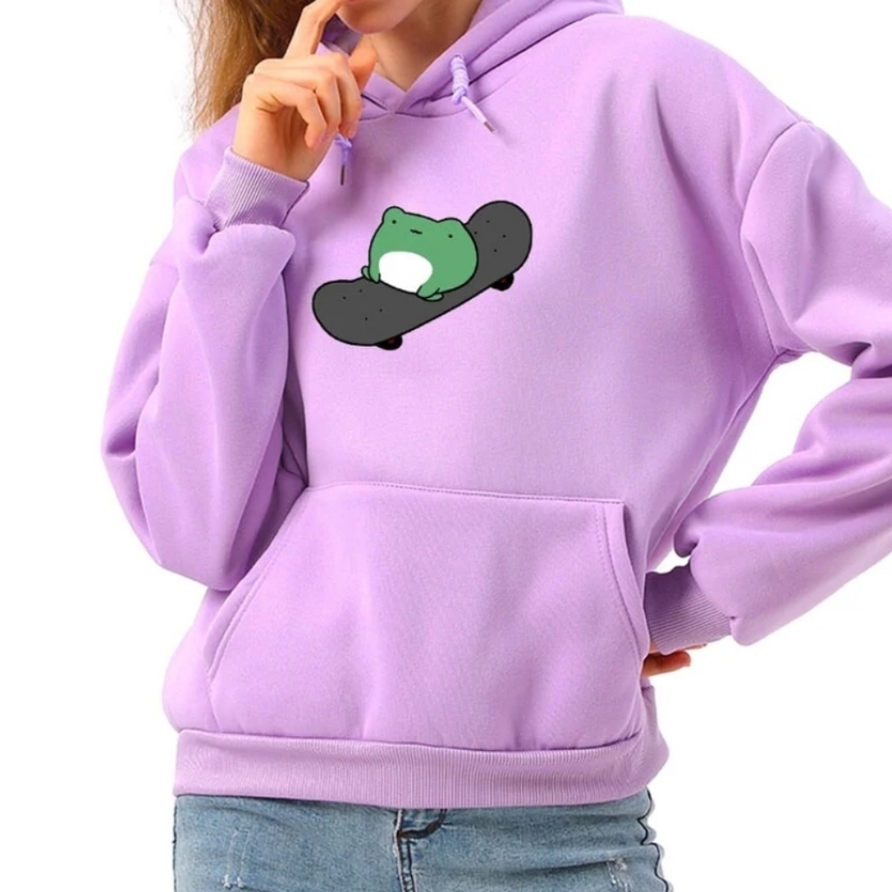 Kawaiies Frog on Skateboard Fleece Graphic Purple Hoodie Sz XL PTP: 24" L:25"